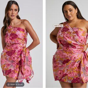 Showpo - Brailey One Shoulder Wrap Front Mini Dress in Pink Jacquard - 08